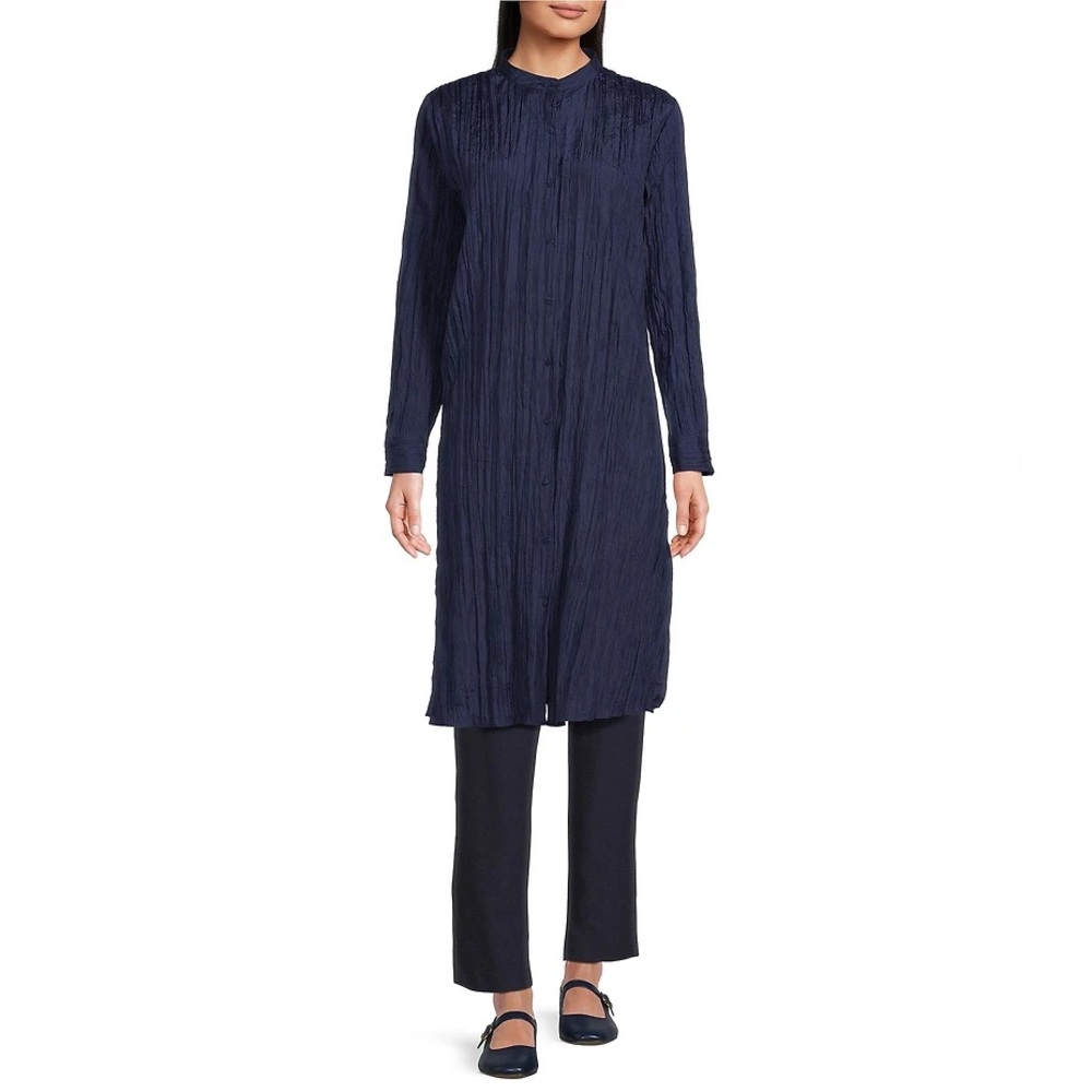Eileen Fisher Crushed Silk Mandarin Collar Long Sleeve Top